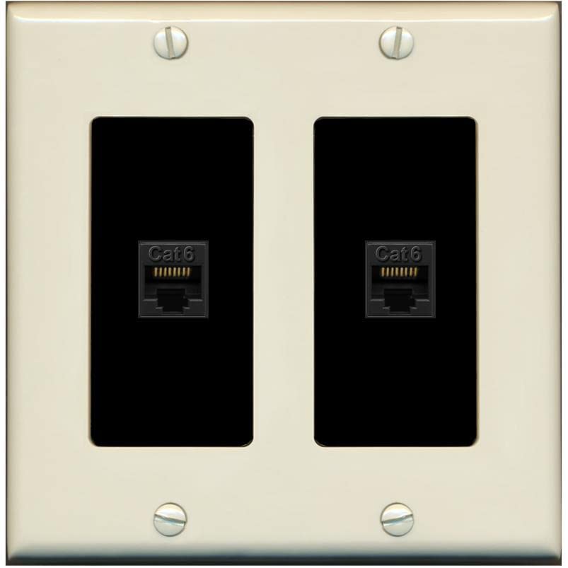 RiteAV 2 Port Cat6 Ethernet Wall Plate - 2 Gang [Light-Almond/Black]