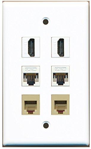 RiteAV - 2 HDMI 2 Port Phone RJ11 RJ12 Beige 2 Port Cat5e Ethernet White Wall Plate