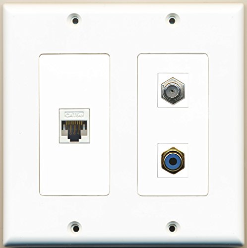 RiteAV - 1 Port RCA Blue 1 Port Coax Cable TV- F-Type 1 Port Cat5e Ethernet White - 2 Gang Wall Plate