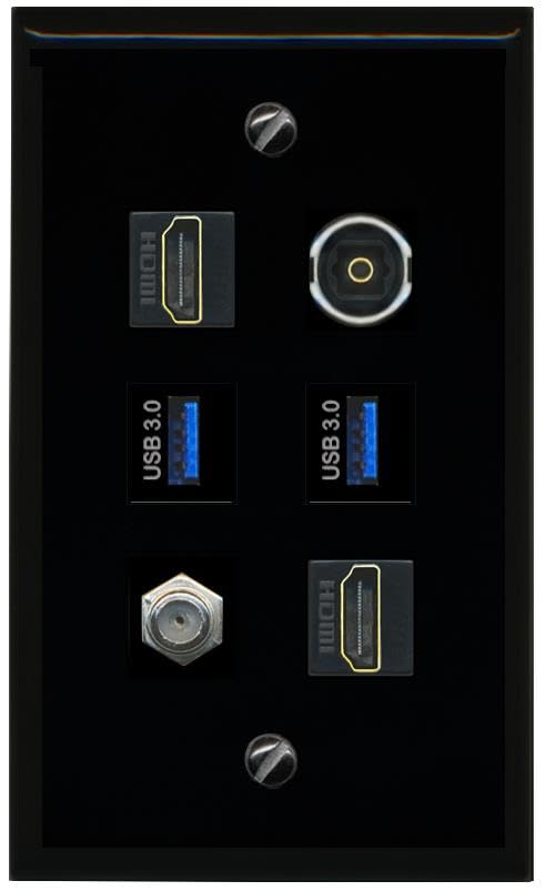 RiteAV Coax 2 HDMI TOSLINK 2 USB 3 Flat/Solid Wall Plate [Black]