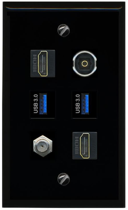 RiteAV Coax 2 HDMI TOSLINK 2 USB 3 Flat/Solid Wall Plate [Black]