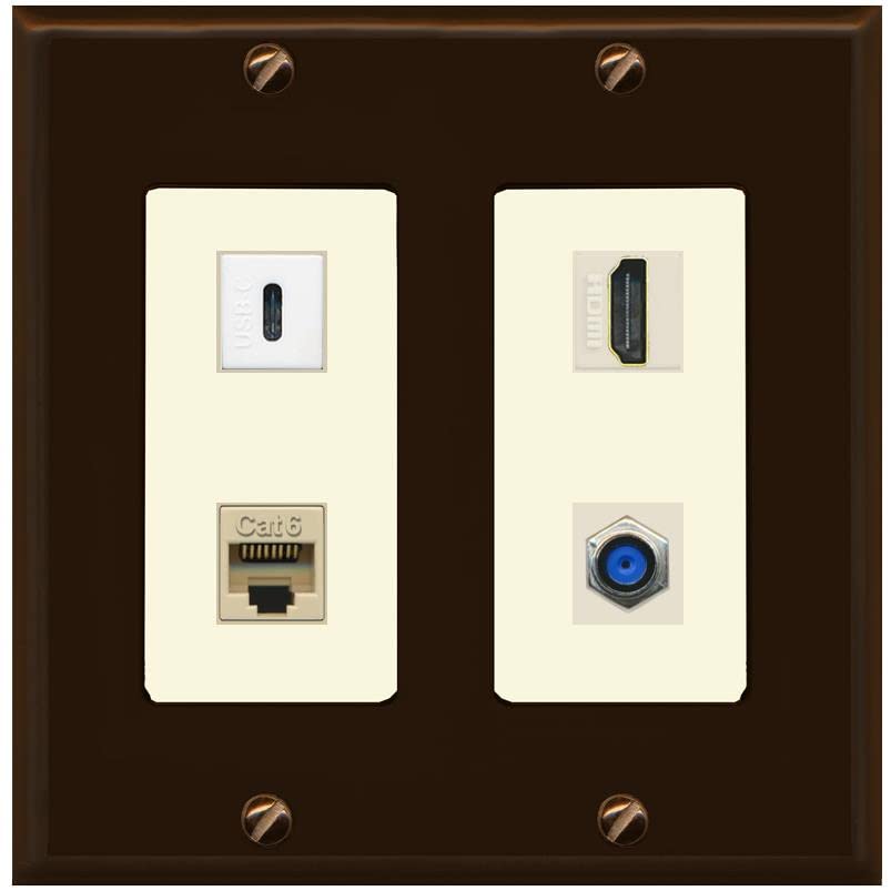 RiteAV USBC HDMI Cat6 Coax F81 Wall Plate - 2 Gang [Brown/Light-Almond]