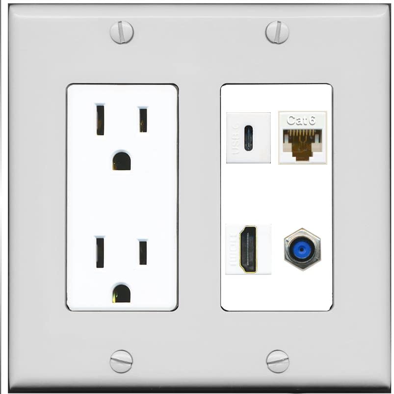 RiteAV USBC HDMI Cat6 Coax F81 Wall Plate - Outlet [Gray/White]