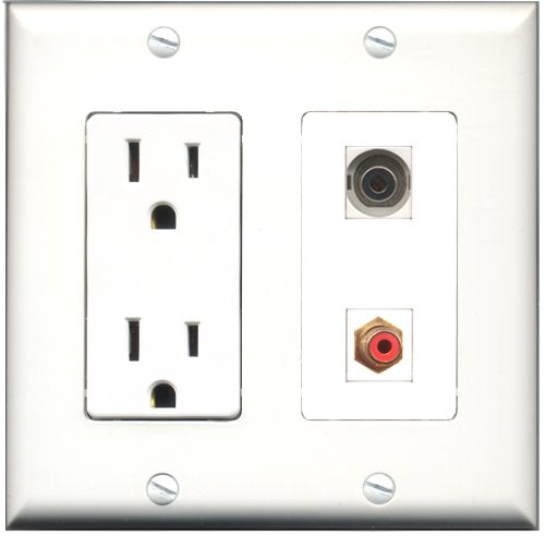 RiteAV - 15 Amp Power Outlet and 1 Port RCA Red and 1 Port 3.5mm Decorative Type Wall Plate White
