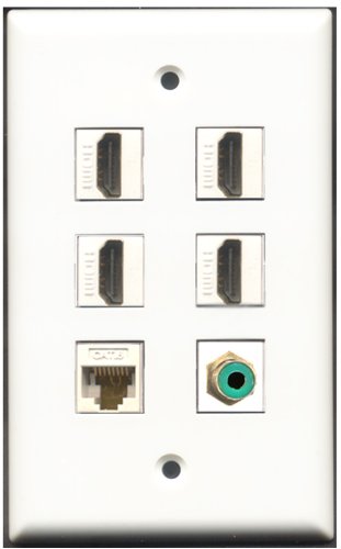 RiteAV - 4 Port HDMI 1 RCA Green 1 Cat6 Ethernet White Wall Plate