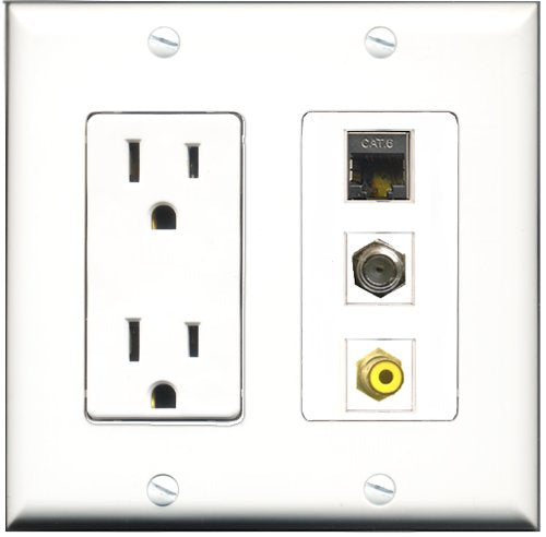 RiteAV - 15 Amp Power Outlet 1 Port RCA Yellow 1 Port Coax 1 Port Shielded Cat6 Ethernet Ethernet Decorative Wall Plate
