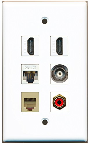 RiteAV - 2 HDMI 1 Port RCA Red 1 Port Phone RJ11 RJ12 Beige 1 Port BNC 1 Port Cat5e Ethernet White Wall Plate