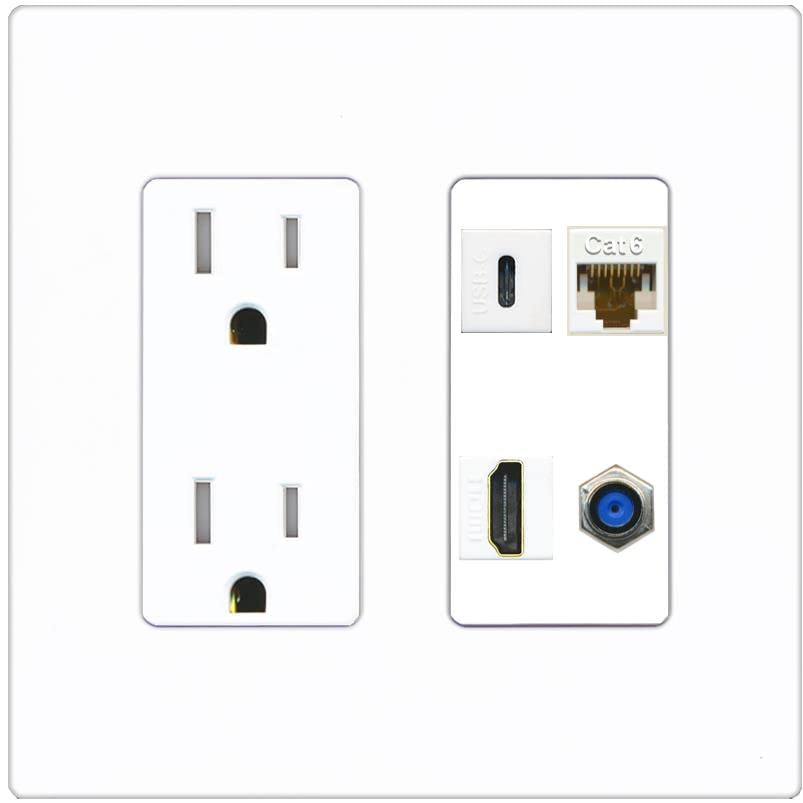 RiteAV USBC HDMI Cat6 Coax F81 Wall Plate - Tamper-Resistant [Screwless White]