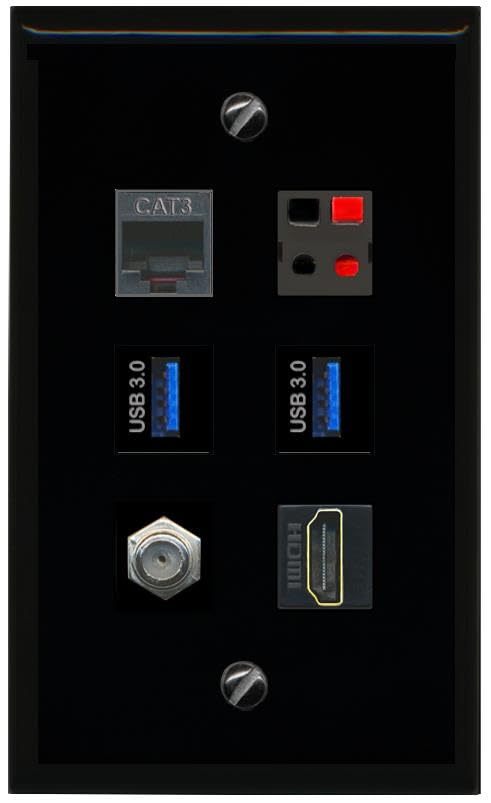 RiteAV COAX HDMI PHONE SPEAKER 2 USB 3 Flat/Solid Wall Plate [Black]