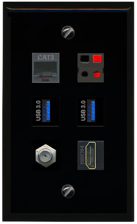 RiteAV COAX HDMI PHONE SPEAKER 2 USB 3 Flat/Solid Wall Plate [Black]