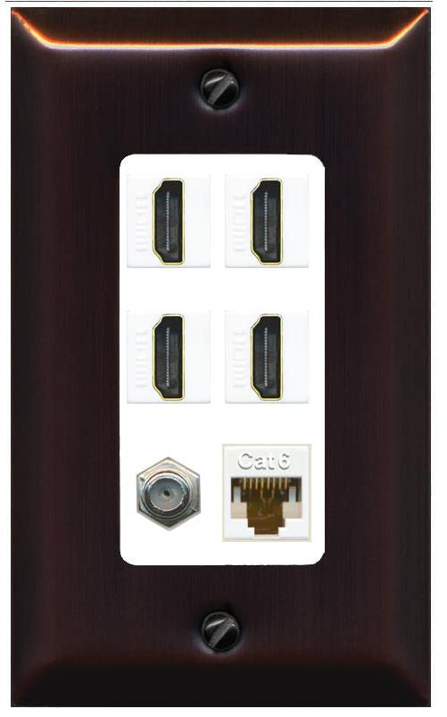 RiteAV - 4 Port HDMI 1 Coax Cable TV- F-Type 1 Cat6 Ethernet Wall Plate Decorative - Bronze/White