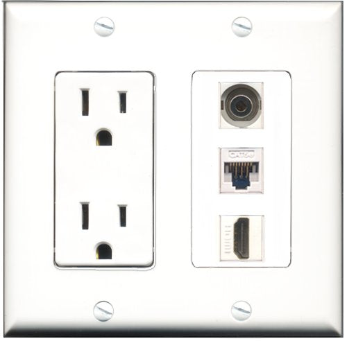 RiteAV - 15 Amp Power Outlet 1 Port HDMI 1 Port 3.5mm 1 Port Cat5e Ethernet White Decorative Wall Plate