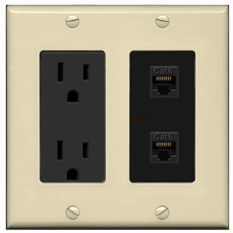 RiteAV 2 Port Cat6 Ethernet Wall Plate - Outlet [Ivory/Black]