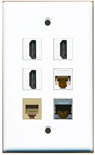 RiteAV - 3 HDMI 1 Port Phone RJ11 RJ12 Beige 1 Port Shielded Cat6 Ethernet 1 Port Cat6 Ethernet White Wall Plate