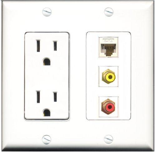 RiteAV - 15 Amp Power Outlet 1 Port RCA Red 1 Port RCA Yellow 1 Port Shielded Cat6 Ethernet Ethernet Decorative Wall Plate