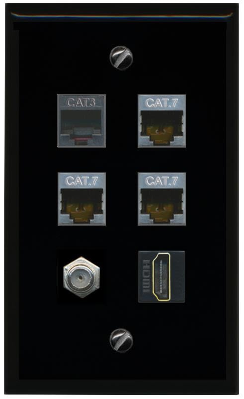 RiteAV 3 CAT7 Coax HDMI Phone Flat/Solid Wall Plate [Black]