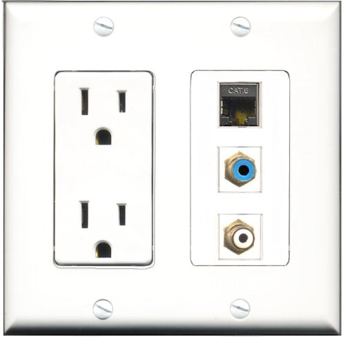RiteAV - 15 Amp Power Outlet 1 Port RCA White 1 Port RCA Blue 1 Port Shielded Cat6 Ethernet Ethernet Decorative Wall Plate