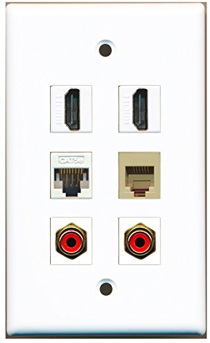 RiteAV - 2 HDMI 2 Port RCA Red 1 Port Phone RJ11 RJ12 Beige 1 Port Cat5e Ethernet White Wall Plate