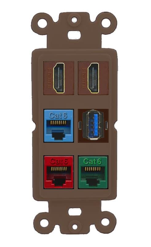 RiteAV 2 HDMI 3 Cat6 Ethernet USB3 Mixed Color Wall Plate - Rocker [Brown/Brown]