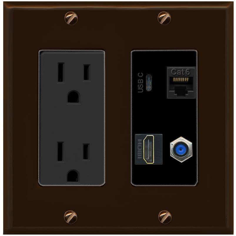 RiteAV USBC HDMI Cat6 Coax F81 Wall Plate - Outlet [Brown/Black]