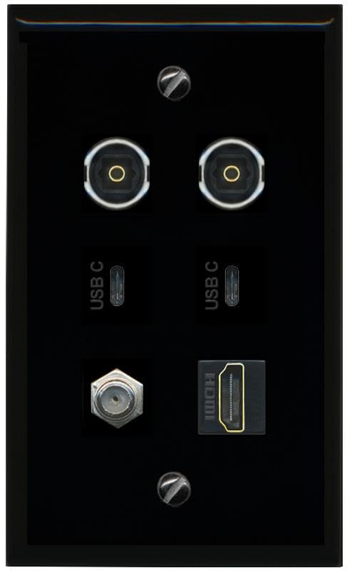RiteAV Coax HDMI 2 TOSLINK 2 USBC Flat/Solid Wall Plate [Black]