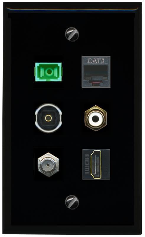 RiteAV COAX HDMI PHONE RCA WHITE SC APC Simplex Fiber TOSLINK Flat/Solid Wall Plate [Black]