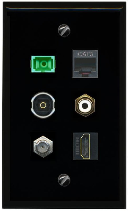 RiteAV COAX HDMI PHONE RCA WHITE SC APC Simplex Fiber TOSLINK Flat/Solid Wall Plate [Black]