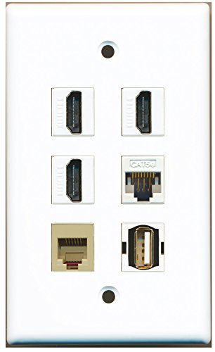 RiteAV - 3 HDMI 1 Port USB A-A 1 Port Phone RJ11 RJ12 Beige 1 Port Cat5e Ethernet White Wall Plate