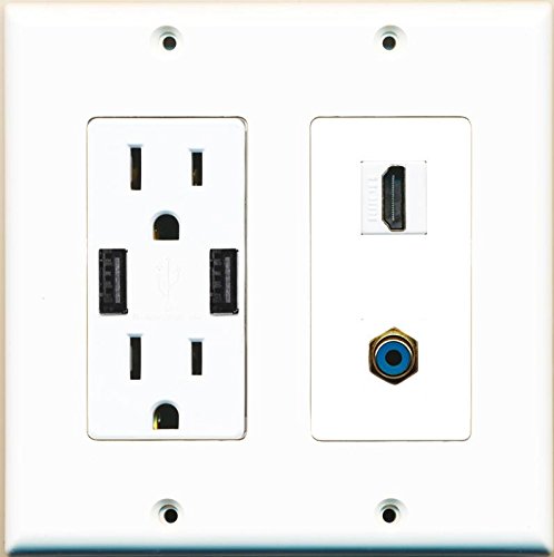 RiteAV 15 Amp 125V Power Outlet (2 Powered USB Charger Receptacle) Hdmi RCA Blue Wall Plate White