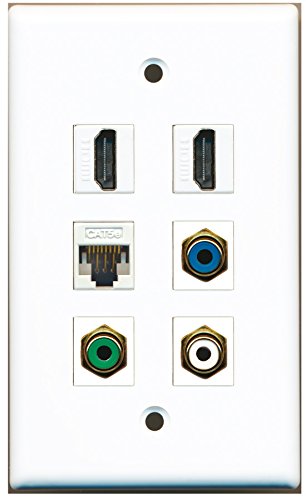 RiteAV - 2 HDMI 1 Port RCA White 1 Port RCA Green 1 Port RCA Blue 1 Port Cat5e Ethernet White Wall Plate