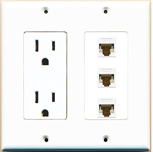 RiteAV (2 Gang Decorative 15A Power Outlet 3 Cat6 White Wall Plate White
