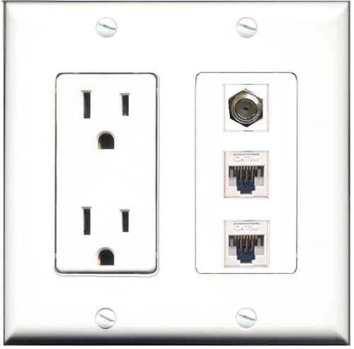 RiteAV - 15 Amp Power Outlet 1 Port Coax 2 Port Cat5e Ethernet White Decorative Wall Plate