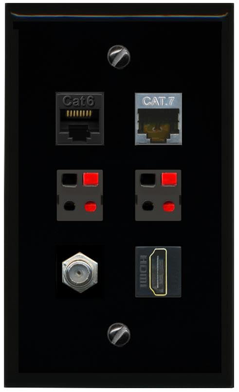 RiteAV CAT6 CAT7 COAX HDMI 2 SPEAKER Flat/Solid Wall Plate [Black]