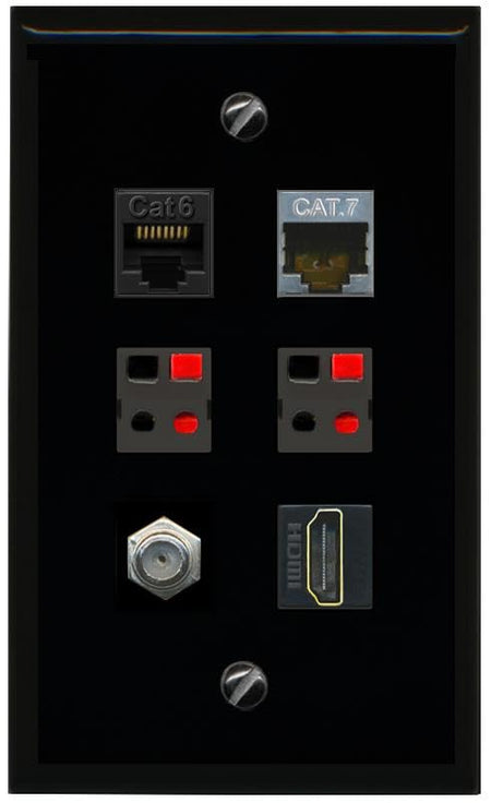 RiteAV CAT6 CAT7 COAX HDMI 2 SPEAKER Flat/Solid Wall Plate [Black]
