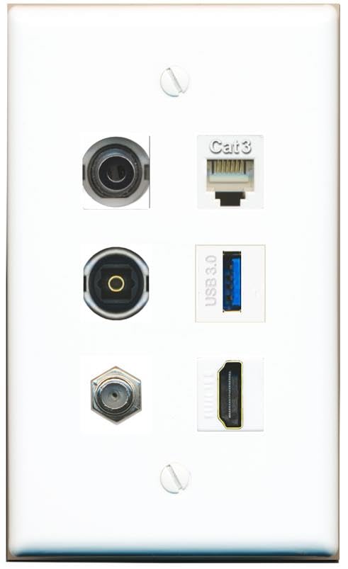 RiteAV 3.5mm Coax HDMI Phone TOSLINK USB-3 Flat/Solid Wall Plate [White]