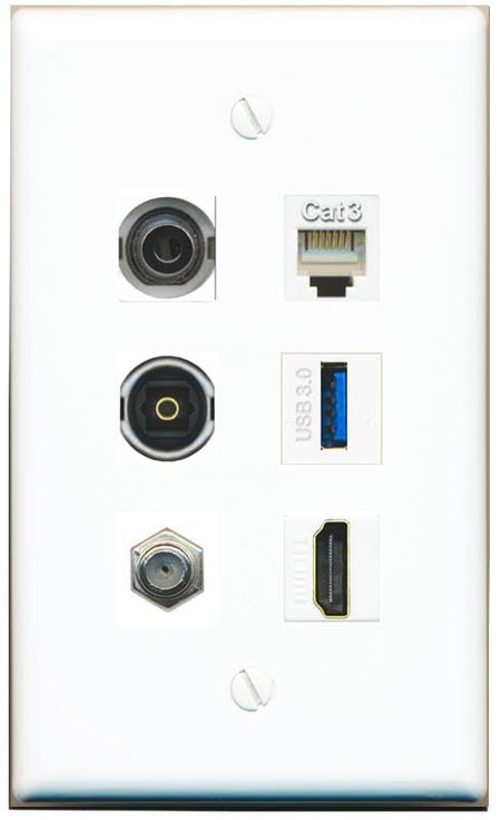 RiteAV 3.5mm Coax HDMI Phone TOSLINK USB-3 Flat/Solid Wall Plate [White]