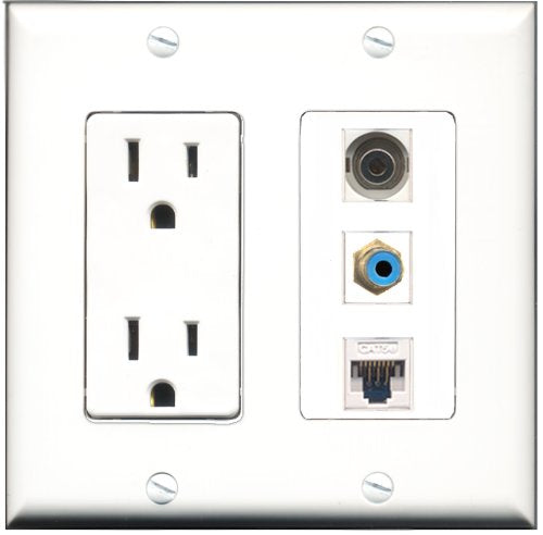RiteAV - 15 Amp Power Outlet 1 Port RCA Blue 1 Port 3.5mm 1 Port Cat5e Ethernet White Decorative Wall Plate