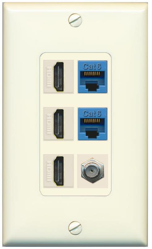 RiteAV 3 HDMI Wall Plate 2 Cat6 1 Coax - 1 Gang [Light-Almond]