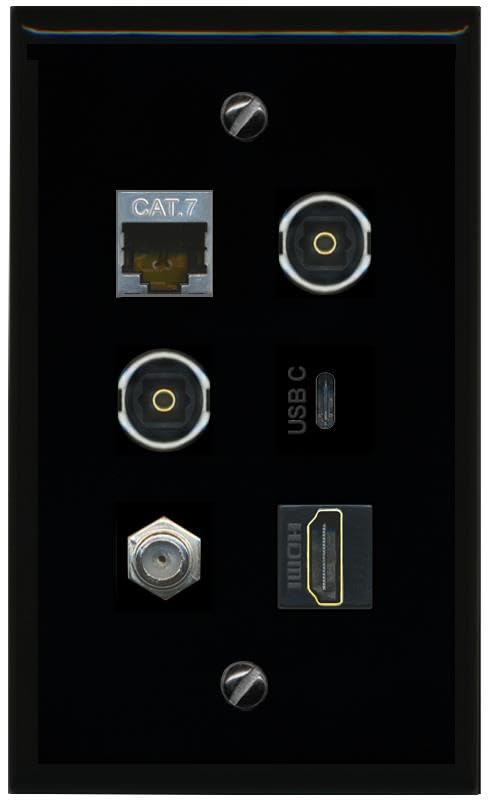 RiteAV CAT7 Coax HDMI 2 TOSLINK USBC Flat/Solid Wall Plate [Black]