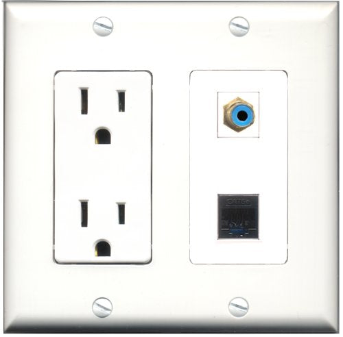 RiteAV - 15 Amp Power Outlet and 1 Port RCA Blue and 1 Port Cat5e Ethernet Black Decorative Type Wall Plate White