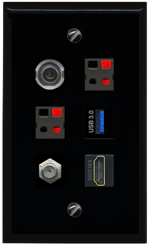 RiteAV 3.5mm COAX HDMI 2 SPEAKER USB 3 Flat/Solid Wall Plate [Black]