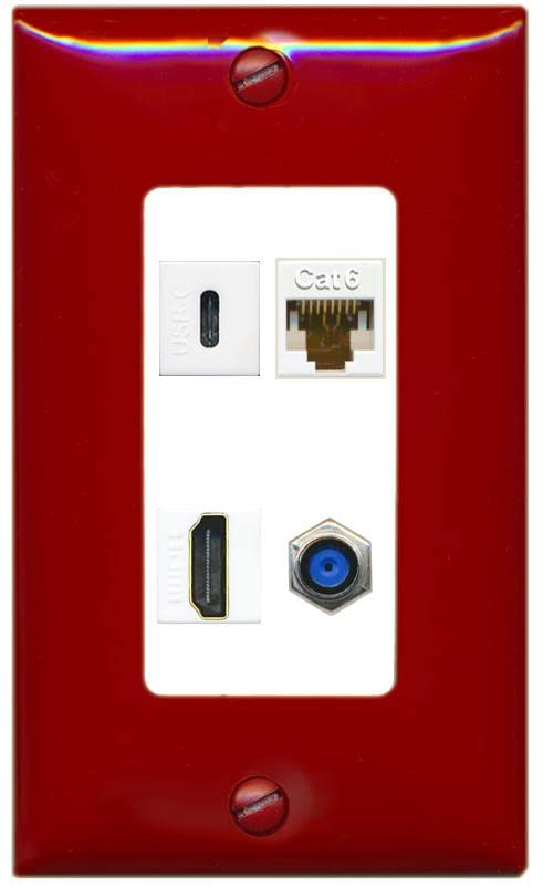 RiteAV USBC HDMI Cat6 Coax F81 Wall Plate - 1 Gang [Red/White]