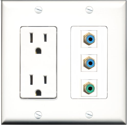 RiteAV - 15 Amp Power Outlet 1 Port RCA Green 2 Port RCA Blue Decorative Wall Plate