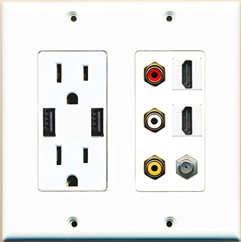 RiteAV USB Charger Outlet 15A/125V with Dual 3.6A USB Charging Ports and 3 x RCA 2 x HDMI 1 x Coax Cable Decorative White Wall Plate