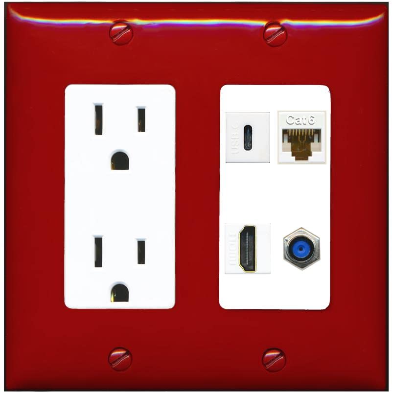 RiteAV USBC HDMI Cat6 Coax F81 Wall Plate - Outlet [Red/White]