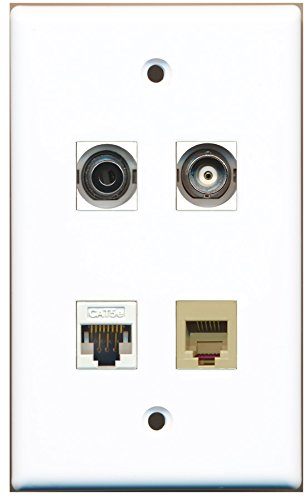 RiteAV - 1 Port Phone RJ11 RJ12 Beige 1 Port 3.5mm 1 Port BNC 1 Port Cat5e Ethernet White Wall Plate