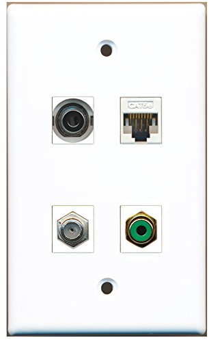 RiteAV - 1 Port RCA Green 1 Port Coax Cable TV- F-Type 1 Port 3.5mm 1 Port Cat5e Ethernet White Wall Plate