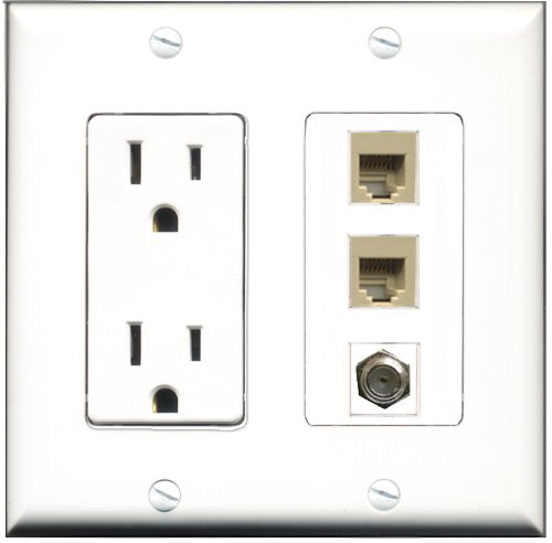 RiteAV - 15 Amp Power Outlet 1 Port Coax 2 Port Phone Beige Decorative Wall Plate