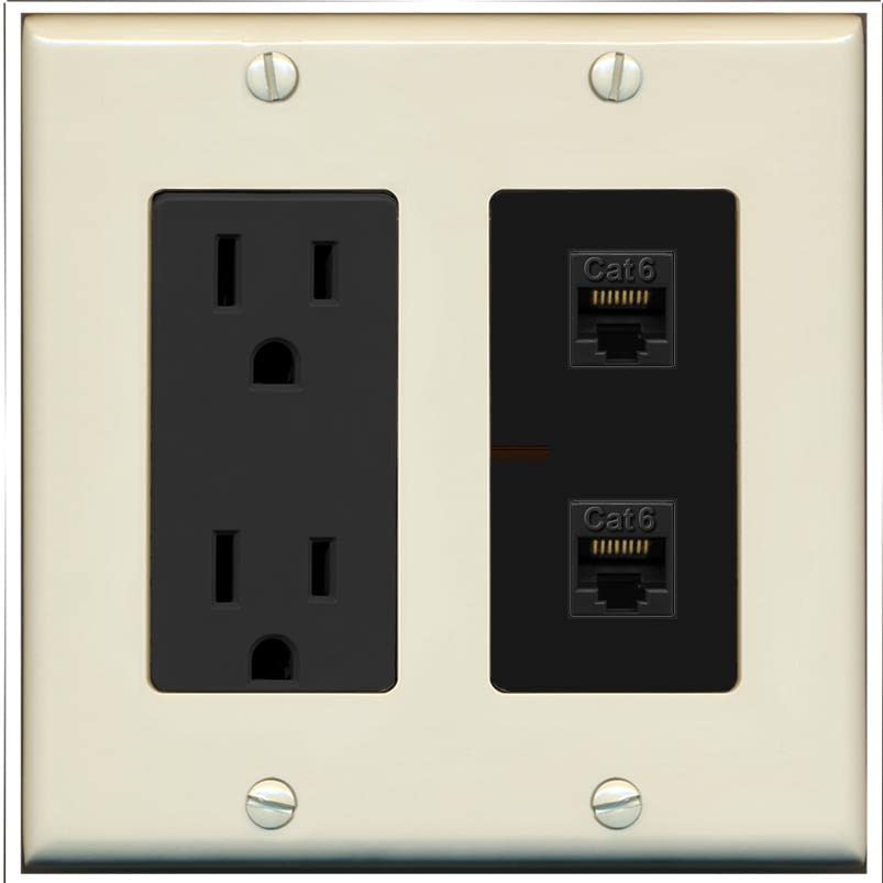 RiteAV 2 Port Cat6 Ethernet Wall Plate - Outlet [Light-Almond/Black]