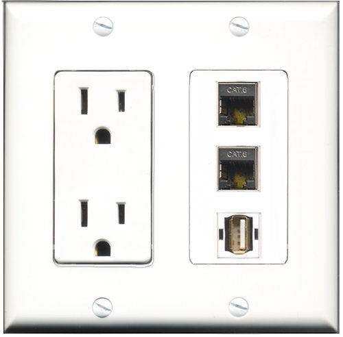RiteAV - 15 Amp Power Outlet 1 Port USB A-A 2 Port Shielded Cat6 Ethernet Ethernet Decorative Wall Plate